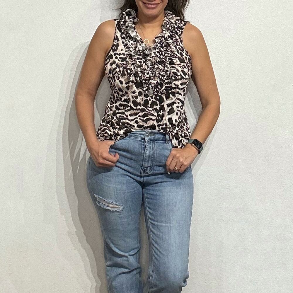 Loft Tan Animal Print Ruffle Neck Sleeveless Blouse Sz L